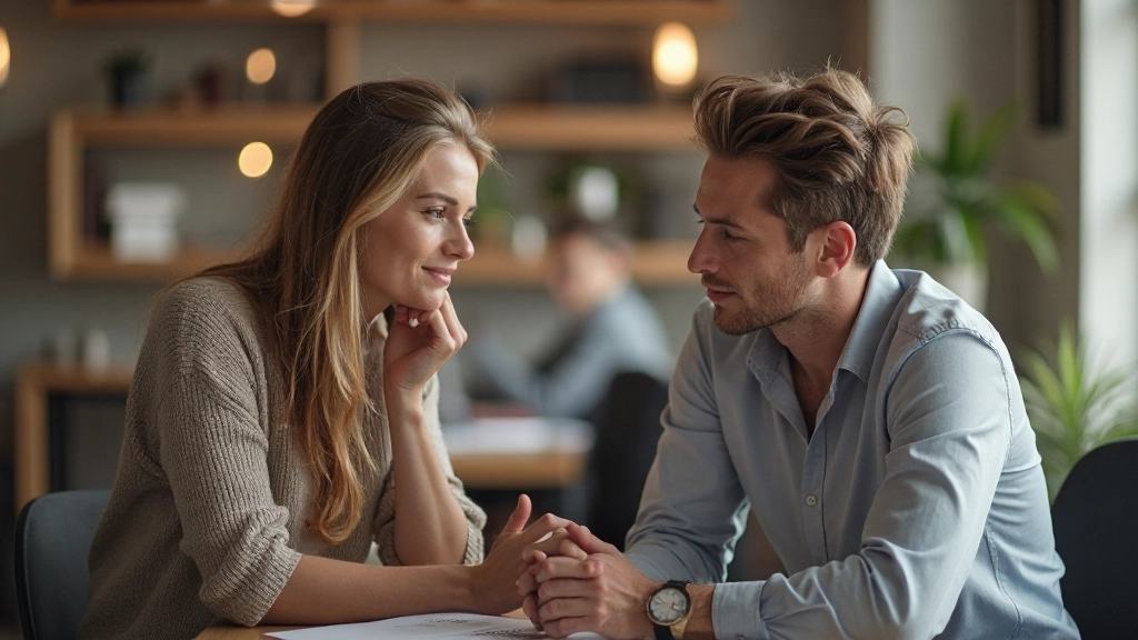 Twee personen in een betekenisvol gesprek, gericht op communicatie en begrip in een warm kantooromgeving