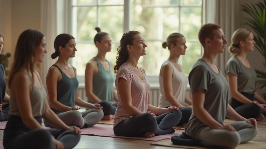 Mindfulness training sessie met deelnemers in meditatieve positie, gericht op inner peace en awareness
