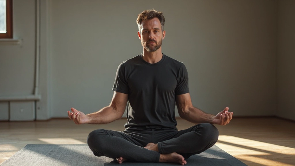 Man in yoga houding zit op mat in stille kamer, volledig gekleed in sportkleding, mediteert met gesloten ogen, zachte verlichting, wazig achtergrond, GEEN tekst, GEEN watermerken