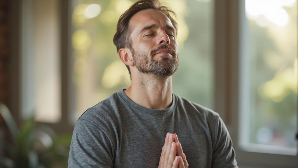 Persoon die ademhalingsoefeningen doet in een rustige, heldere omgeving met natuurlijk licht