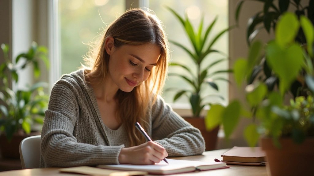 Persoon die reflecteert op persoonlijke groei in een kalme omgeving