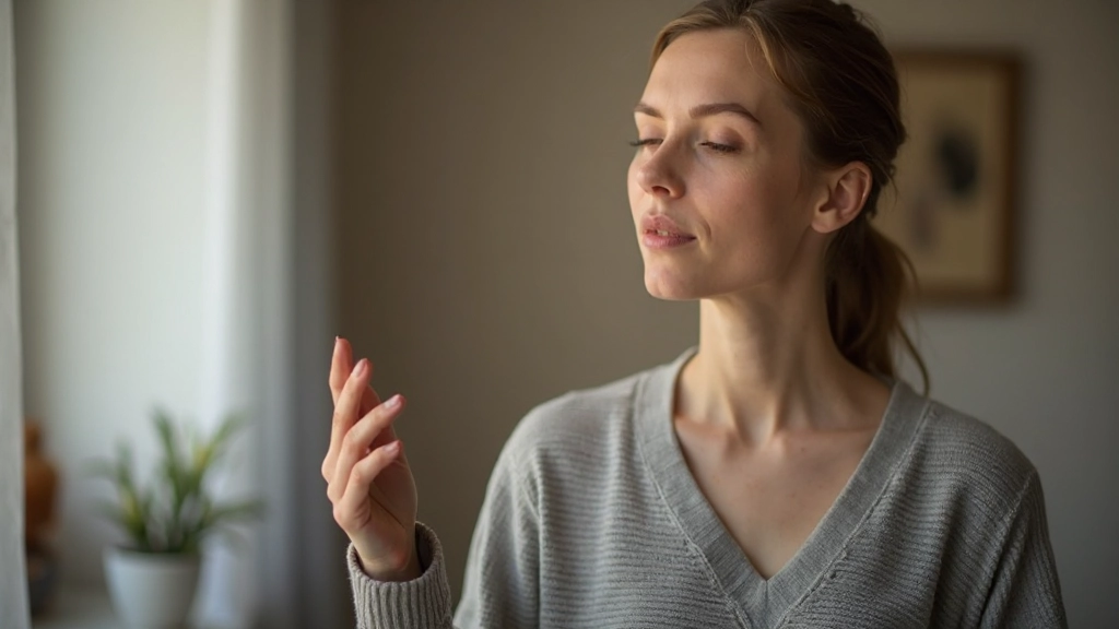 Persoon doet ademhalingsoefening in rustige thuisomgeving met kaars