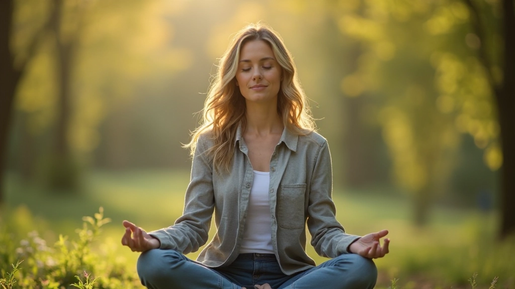 Persoon in meditatieve positie in een serene omgeving met zachte natuurlijke verlichting