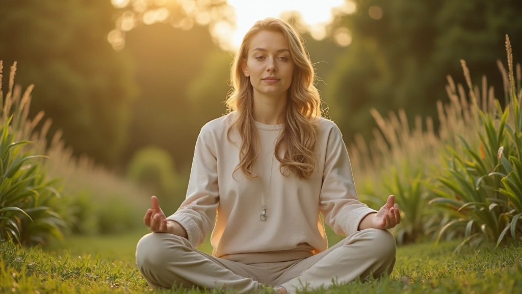 Vrouw in meditatiehouding in rustige natuuromgeving met groene planten