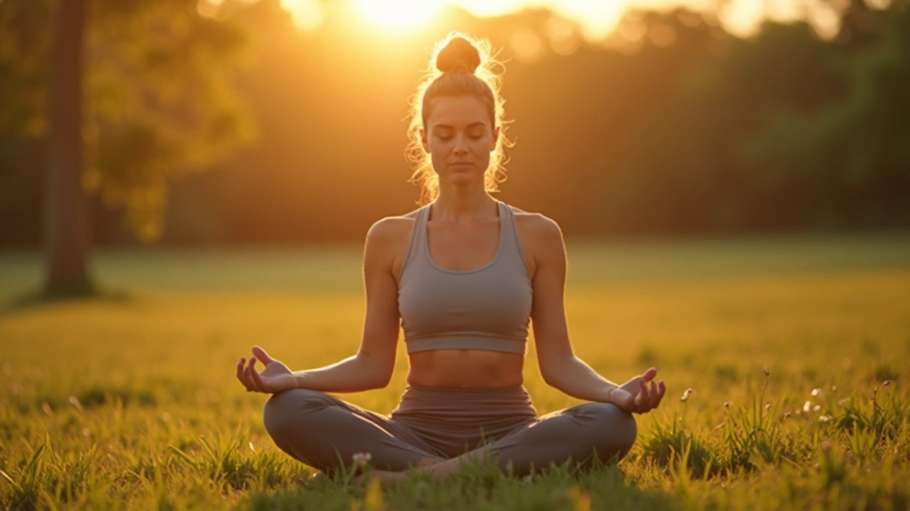 Vrouw mediteert in serene natuuromgeving met zonsondergang, volledig gekleed in comfortabele sportkleding, zit in lotushouding op groen gras, zachte gouden zonlicht van links, wazig achtergrond, GEEN tekst, GEEN watermerken